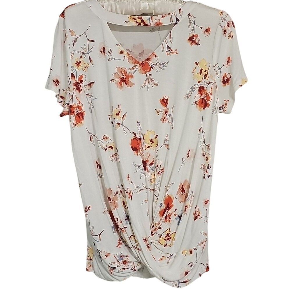 Maurices White Floral Top Twist Bottom V-Neck Blouse Size M EUC